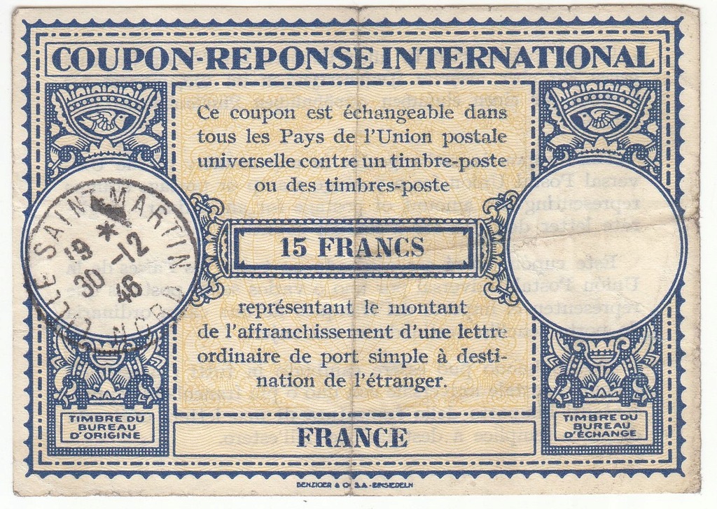 Francja Kupon na odpowiedź Coupon reponse 1946