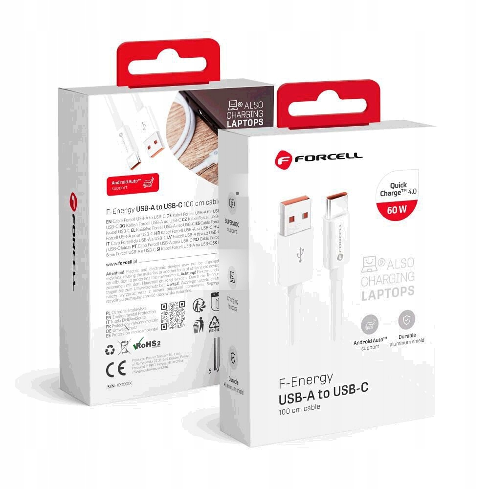 FORCELL kabel USB A do Typ C QC4.0 3A/20V PD 60W C336 1m biały 100cm