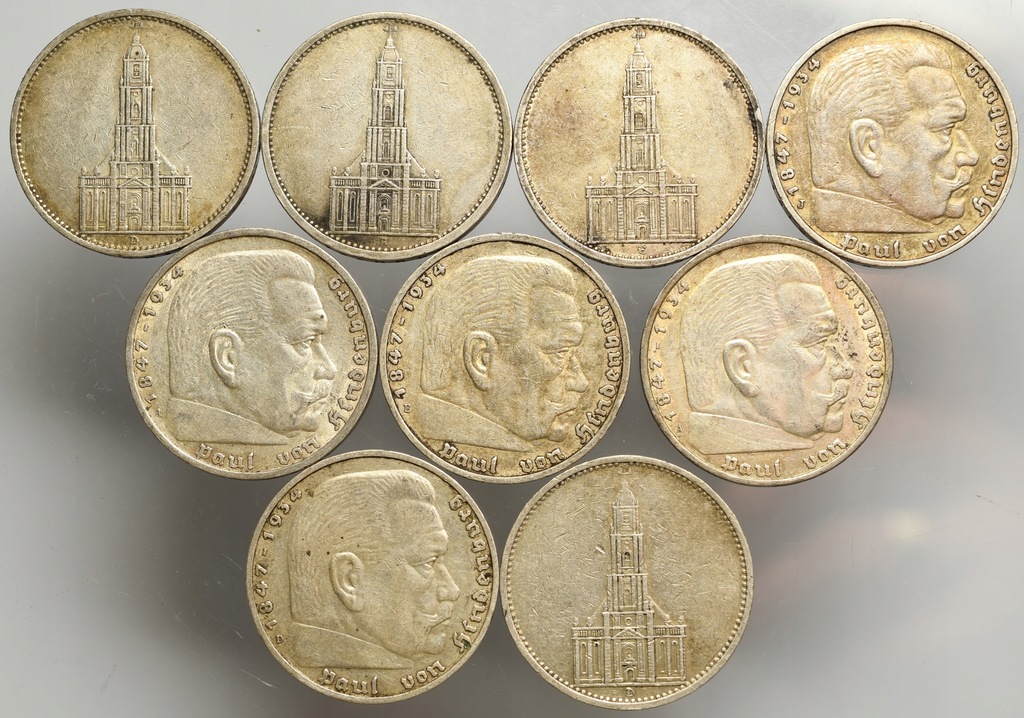 11S. Niemcy, III rzesza, 5 marek, srebro, lot 9 sztuk