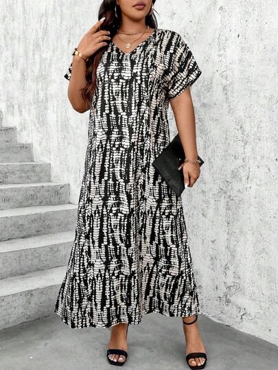 SHEIN SUKIENKA MIDI NA KRÓTKI RĘKAW ROZKLOSZOWANA BEŻOWO-CZARNA XXL 863