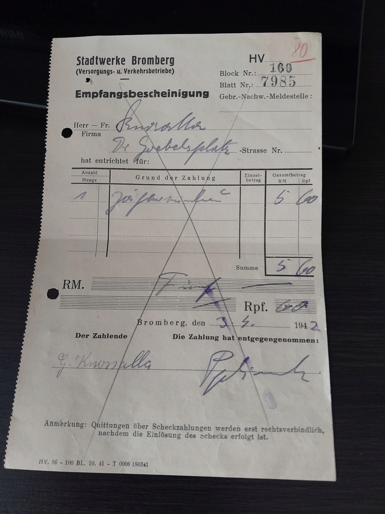 Rachunek II WŚ STADWERKE BROMBERG/AUSCHWITZ 1942