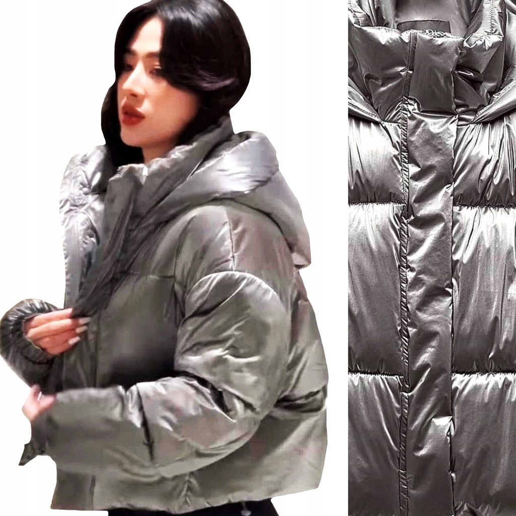Zara Piękna Zimowa Ocieplana Pikowana Srebrna Kurtka PUFFER z