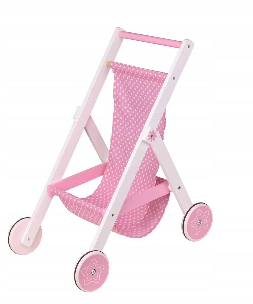 Drewniany różowy wózeczek spacerowy dla laleczek
