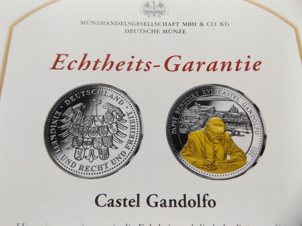 Medal 2011 Benedykt XVI*Castel Gandolfo*Certyfikat