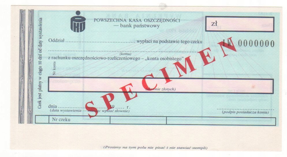 czek specimen Powszechna Kasa Oszczędności BP PKO6