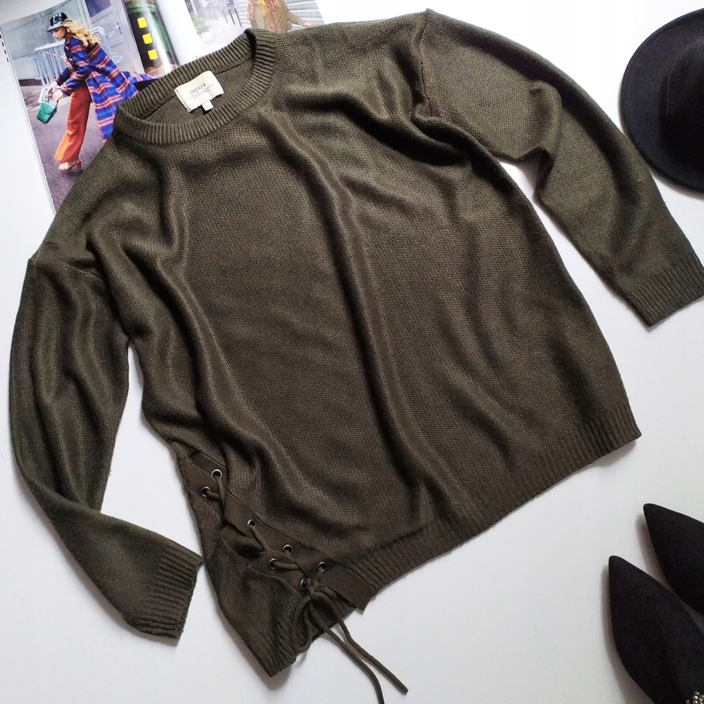 Papaya* Sweter oversize khaki z wiązaniem _ 40 L