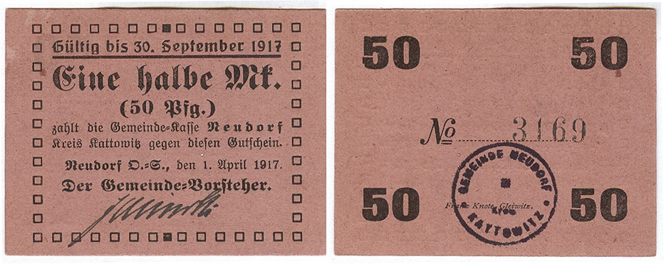 Banknot zastepczy - NEUDORF - 50 Pfennig - 1917