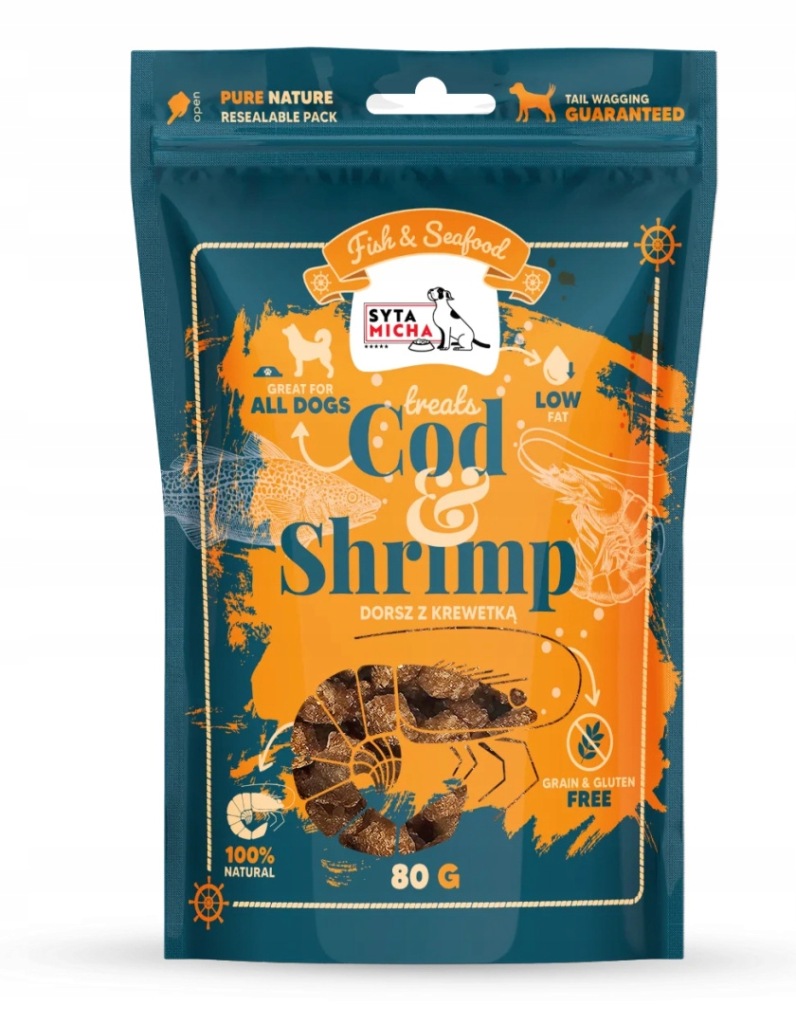 SYTA MICHA Fish & Seafood Przysmaki dorsz z krewetką dla psa 80g