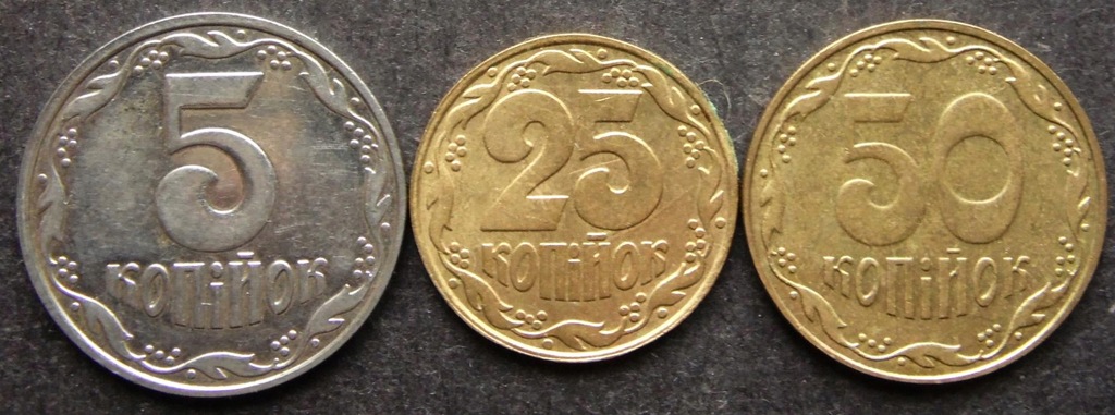 Ukraina 5 + 25 + 50 kopiejek 1992-2008