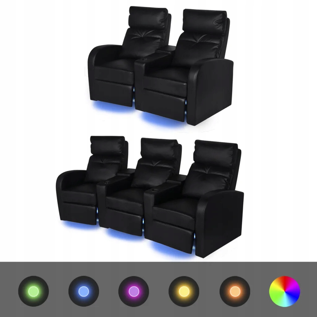 Fotele kinowe 2 + 3 osobowe z LED, czarne, sztuczn