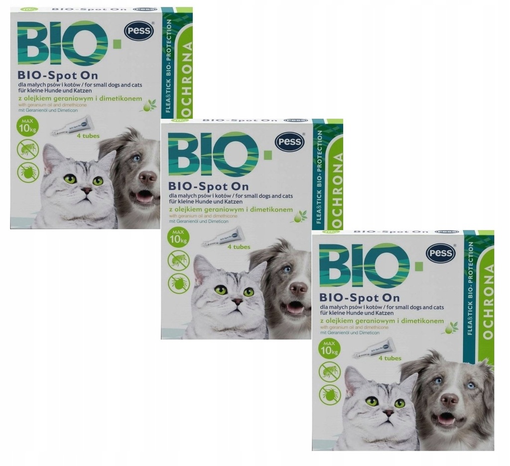 PESS BIO SPOT ON KROPLE NA PCHŁY KLESZCZE DLA PSA KOTA DO 10kg 12szt
