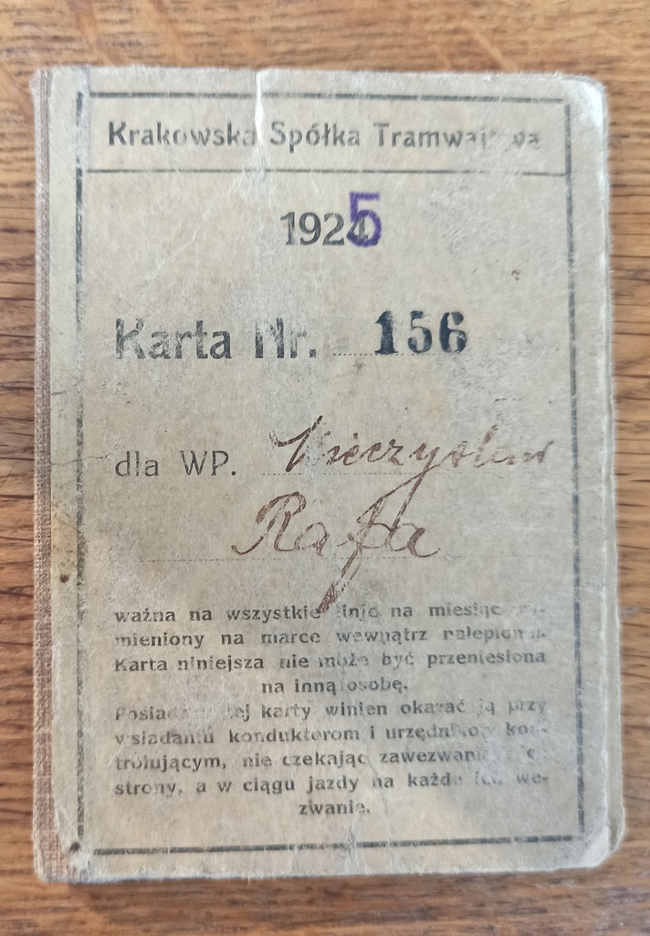 Karta tramwajowa 1925 Kraków IIRP