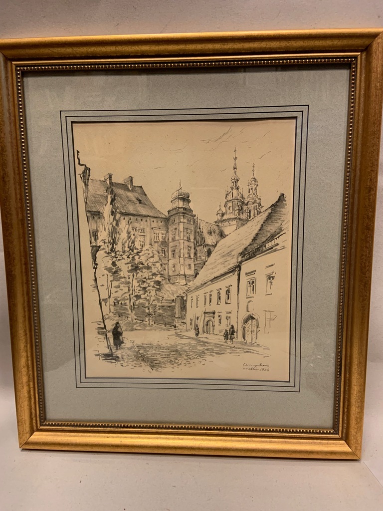 RYSUNEK GRAFIKA KRAKÓW 1954 PASSE PARTOUT ZA SZKŁEM RAMKA