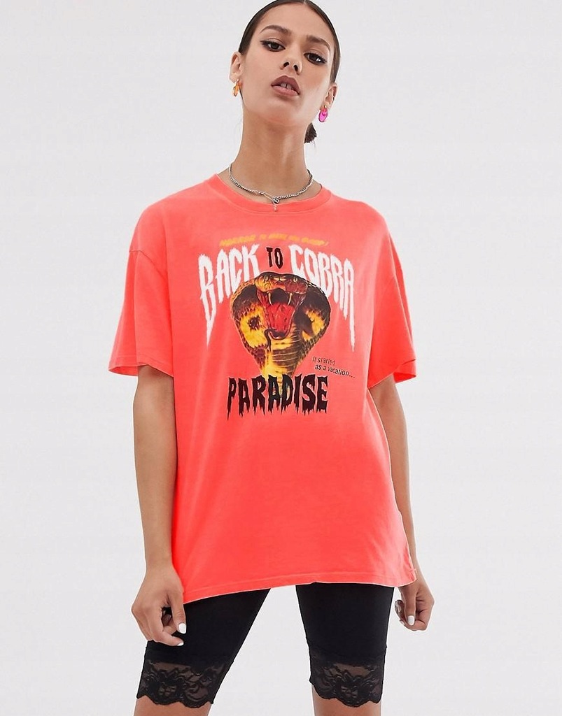 BERSHKA__XPX NEONOWY T-SHIRT DAMSKI Z NADRUKIEM__L