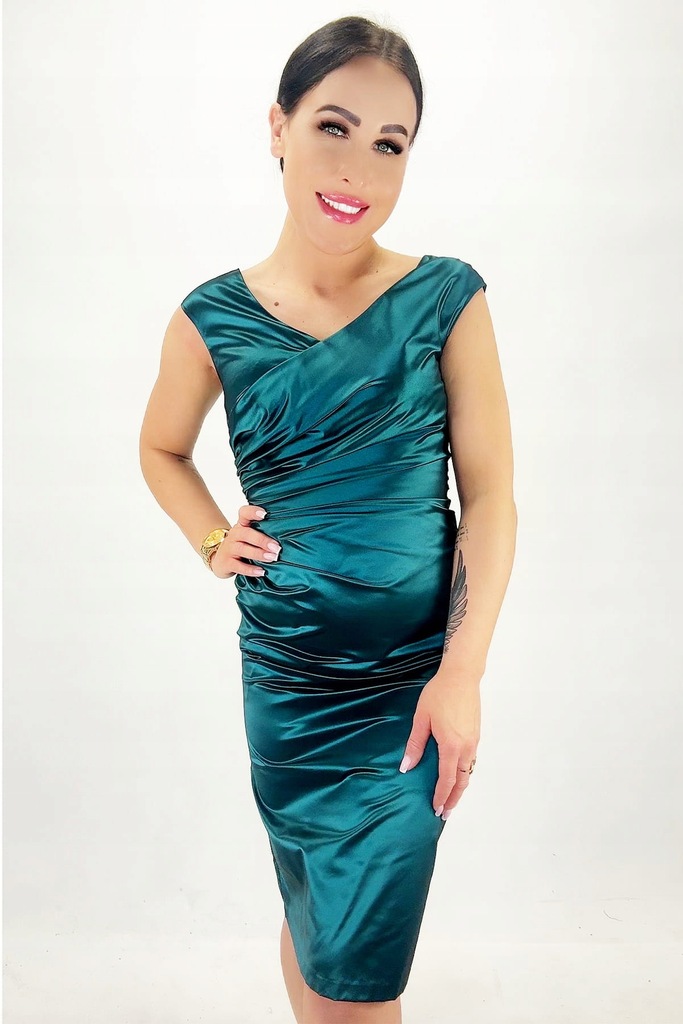 31 Sukienka midi z marszczeniem model - 36, zieleń butelkowa