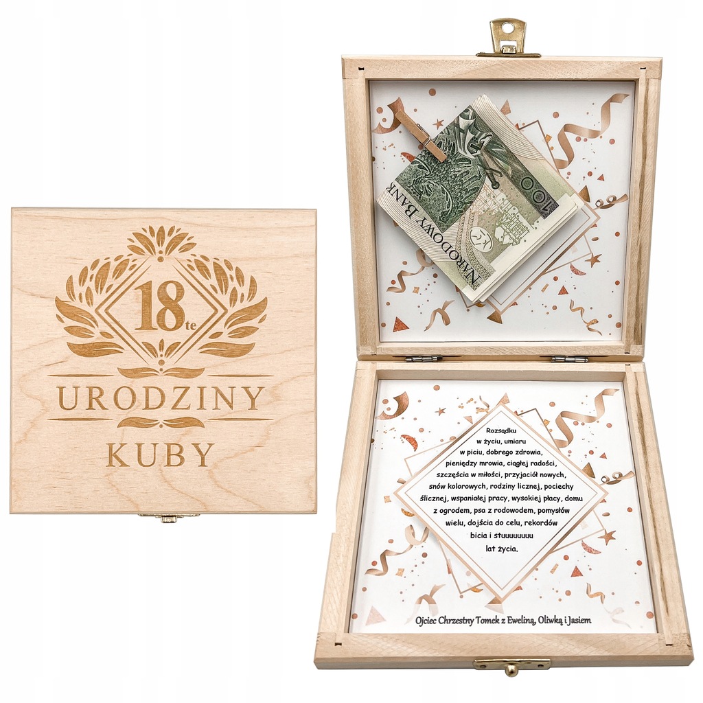 PUDEŁKO NA PIENIĄDZE PAMIĄTKA na 18 20 30 40 50 60 URODZINY IMIENINY GRAWER