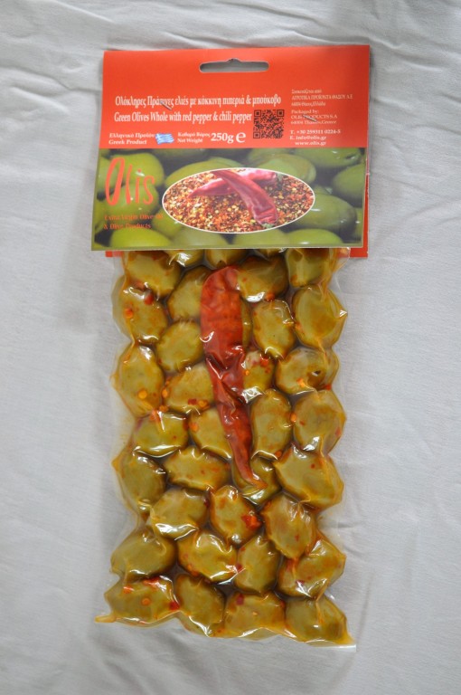 Greckie zielone pikantne oliwki z chilli 250g