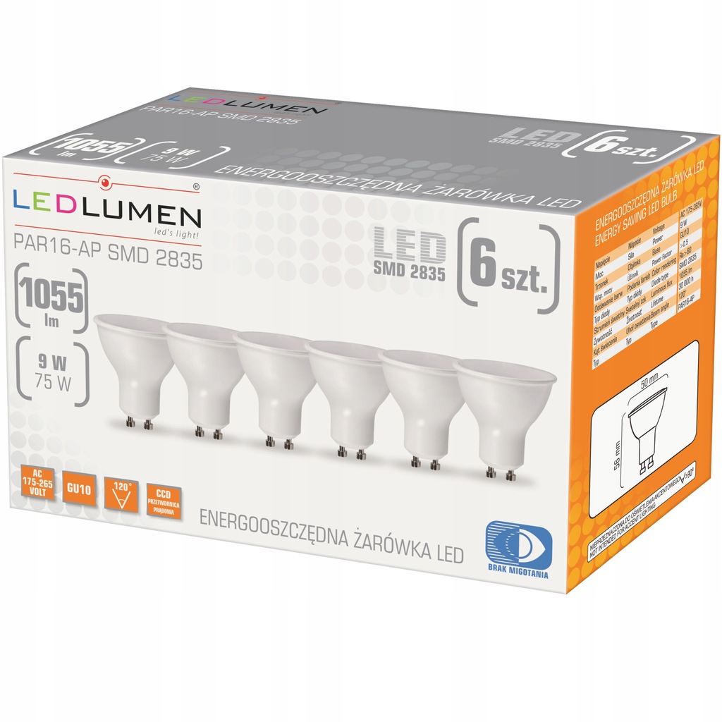 Zestaw 6x Żarówka LED GU10 PAR16 9W 1055lm=75W 120° Brak Migotania 6000K