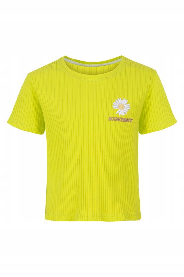 Prążkowany krótki t-shirt żółty neon haft 152