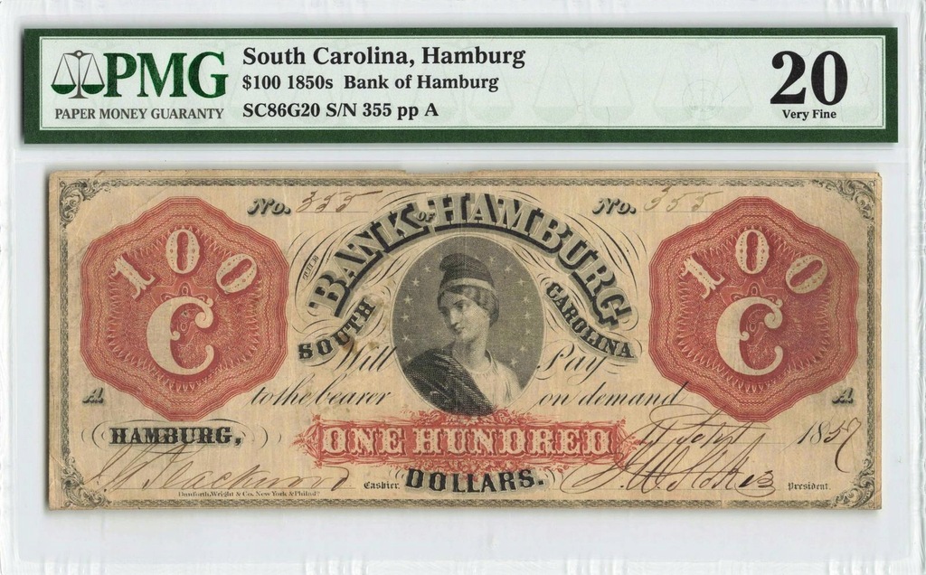 100 DOLARÓW 1850 rok Bank of Hamburg USA + Grading