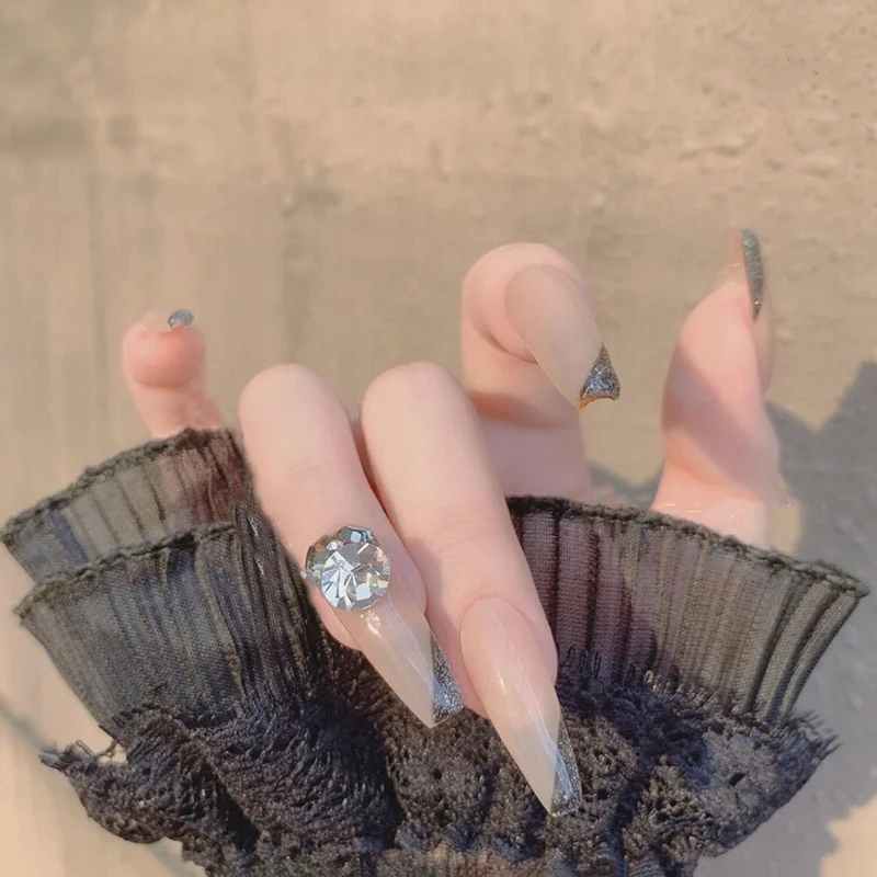 24PCS Fake Nails with Shiny Bow Diamond Design Lo