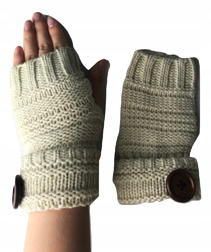 rękawiczki damskie zimowe mitenki ecru guzik
