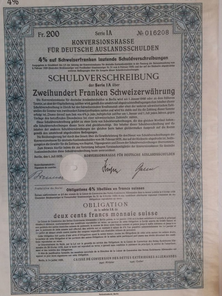 Obligacja Berlin 1935, na 100 fr szwajcarskich