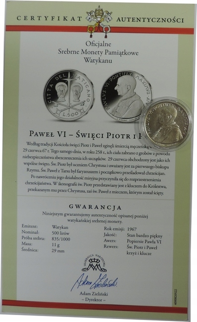 500 LIRÓW 1967 -WATYKAN -PAWEŁ VI - STAN 1- TL1258