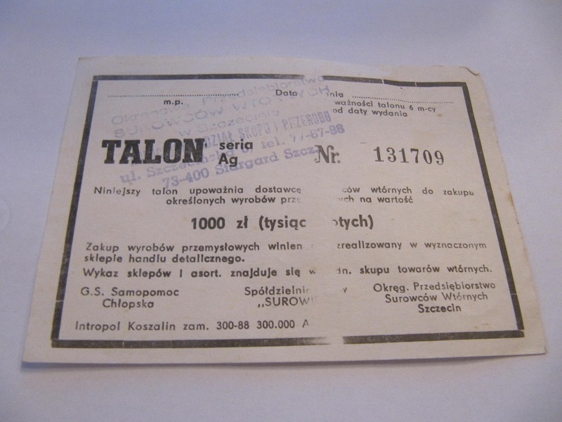 TALON SUROWCE WTÓRNE PRL 1000zł SZCZECIN KOSZALIN