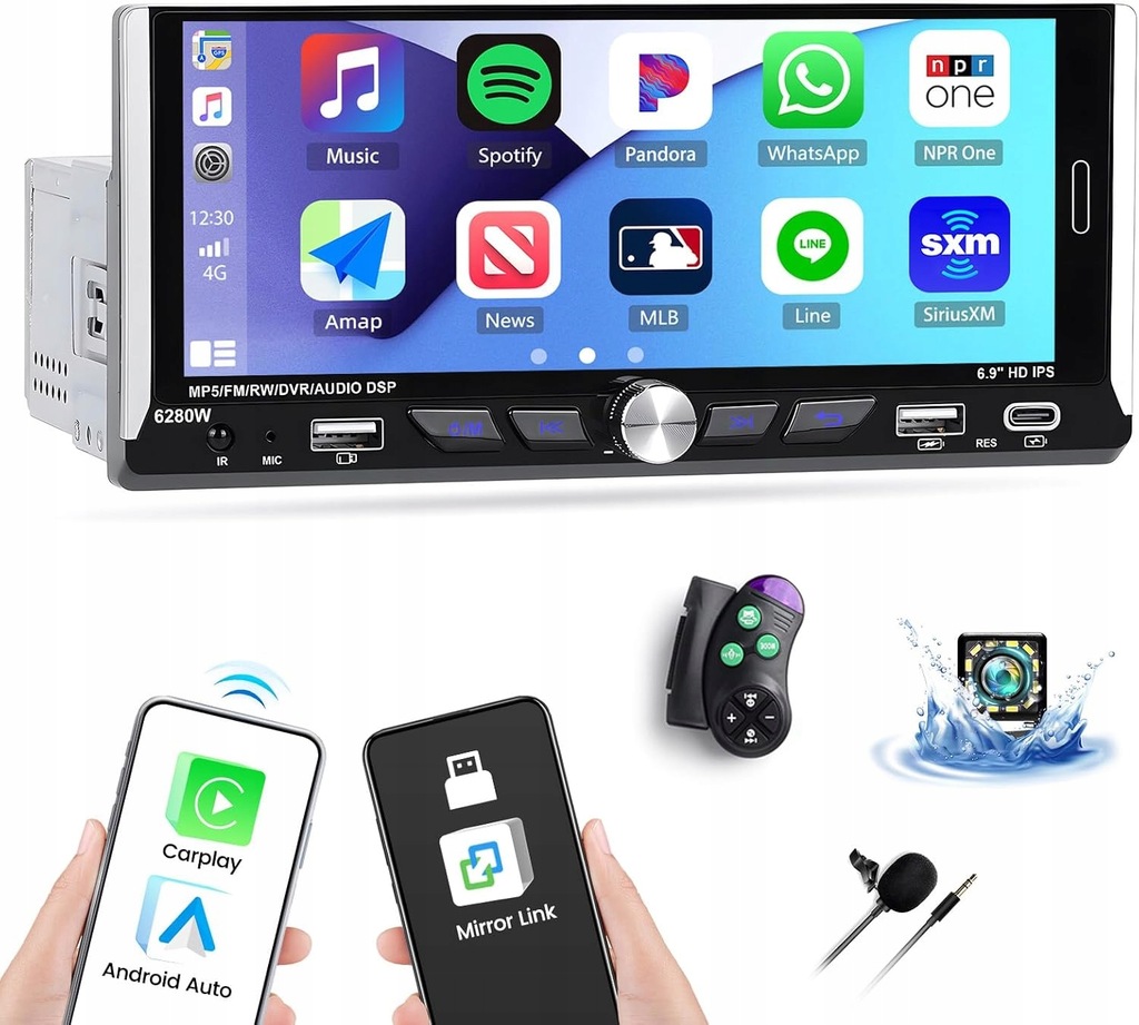 RADIO SAMOCHODOWE 1 DIN ANDROID AUTO CARPLAY RDS USB KAMERA COFANIA 6.9"