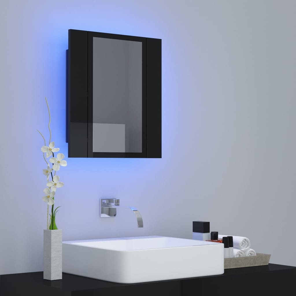 Szafka łazienkowa z lustrem i LED, połysk, czarna,