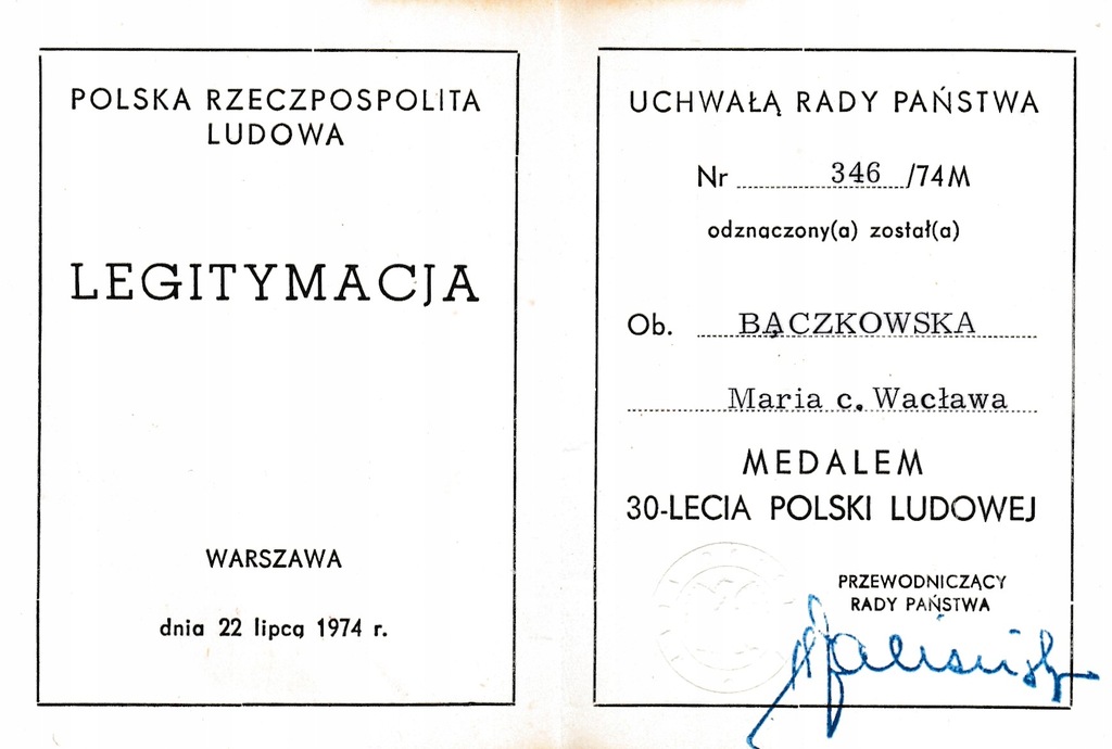 Legitymacja Medalu 30 lecia PRL
