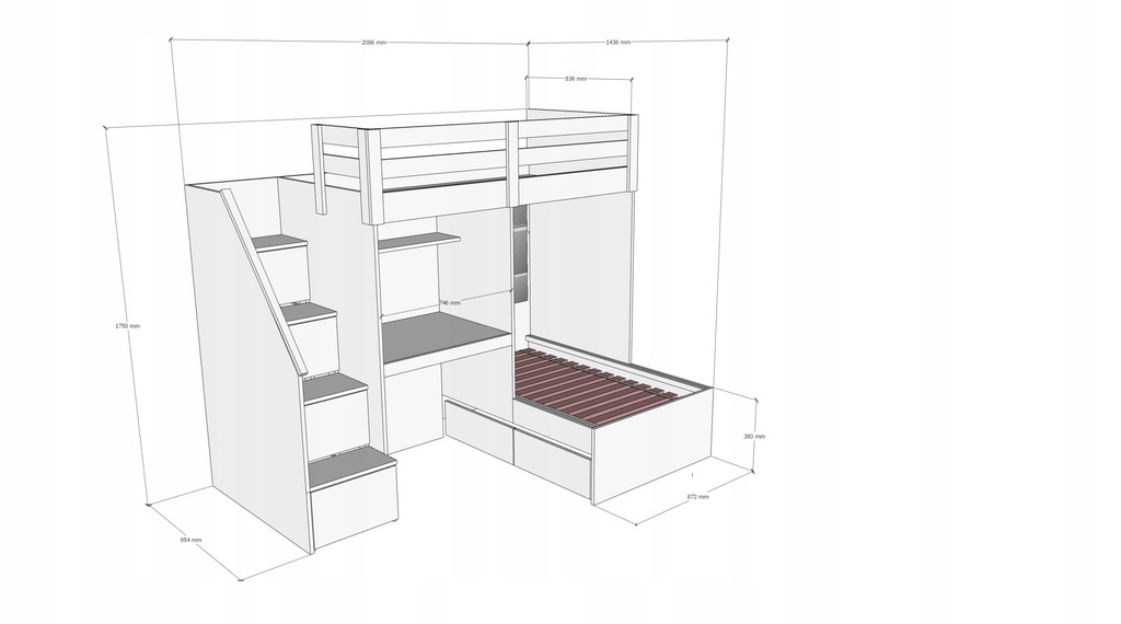 Łóżko piętrowe narożne z szafą/biurkiem CORNER