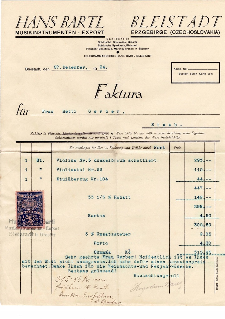 Faktura 1934 roku Hans Bartel Bleistadt