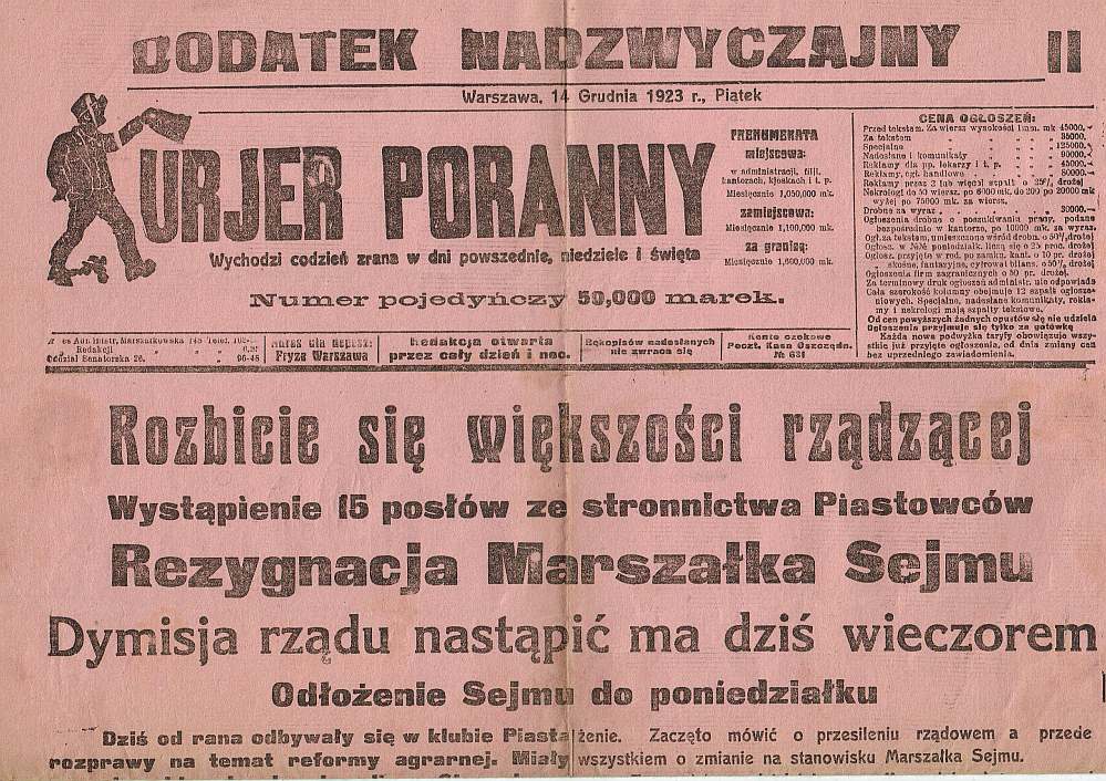 Upadek rządu Witosa, Rezygnacja marsz. Sejmu 1923