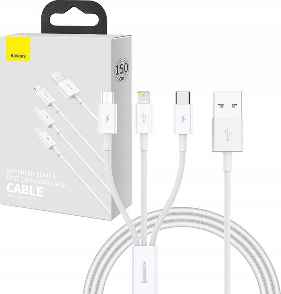 Kabel USB Baseus USB-A - USB-C + microUSB + Lightning 1 m Biały