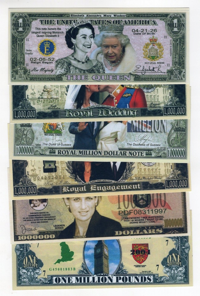 Banknoty brytyjska rodzina królewska 6 sztuk