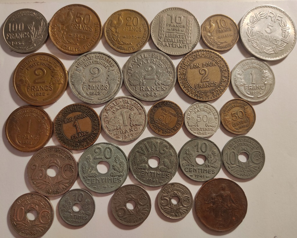 Zestaw przedwojennych, starych monet Francja 27szt