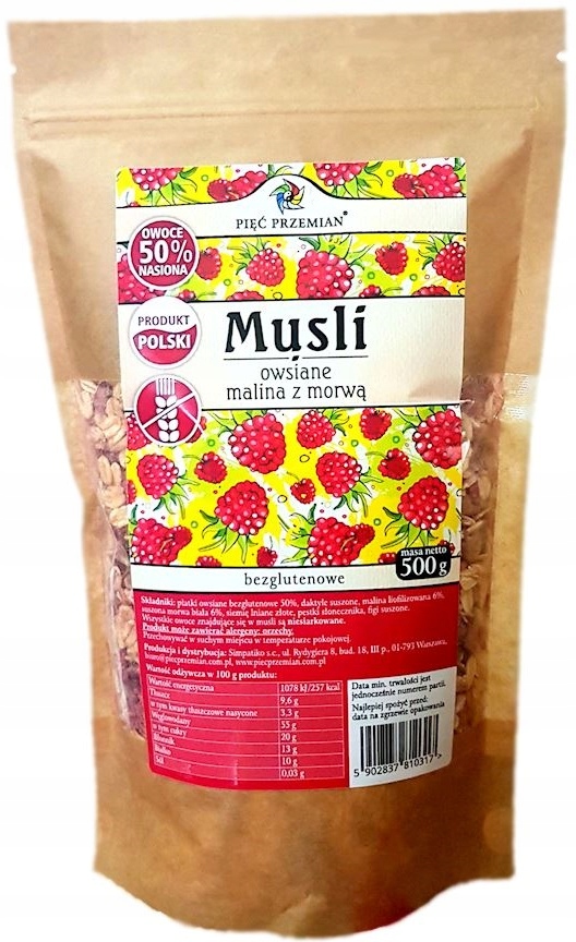 MUSLI OWSIANE MALINA Z MORWĄ BEZGLUTENOWE 500G 8880238915 oficjalne