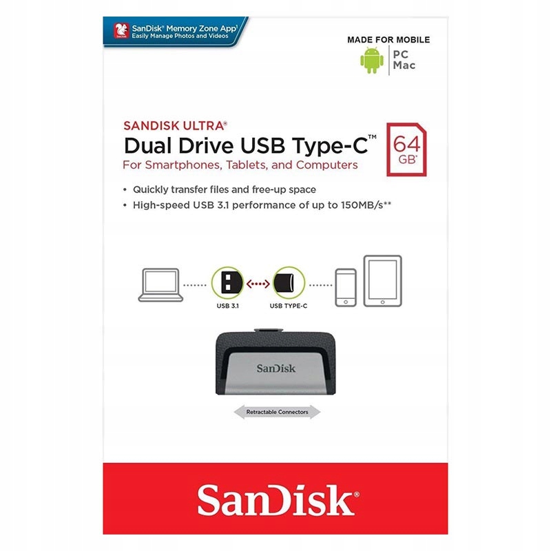 Купить Флэш-накопитель SanDisk Dual Drive USB-C, 64 ГБ, OTG, 150 МБ: отзывы, фото, характеристики в интерне-магазине Aredi.ru