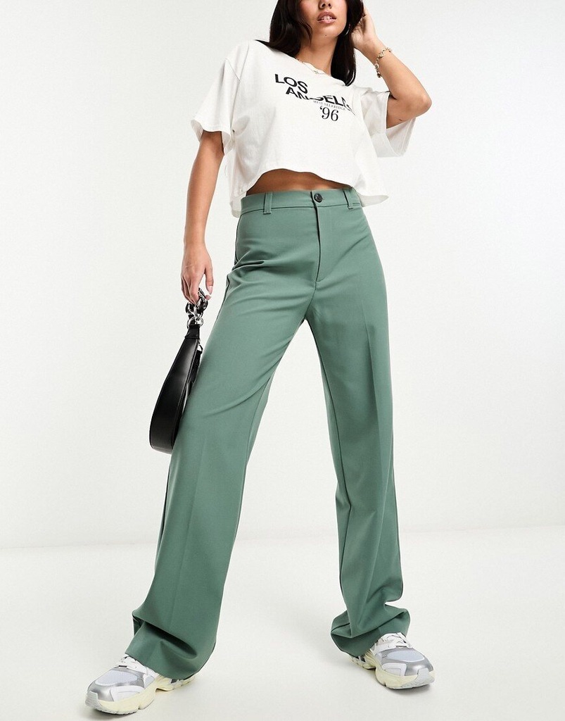 Pull&Bear Ciemnozielone dopasowane spodnie z wysokim stanem 44