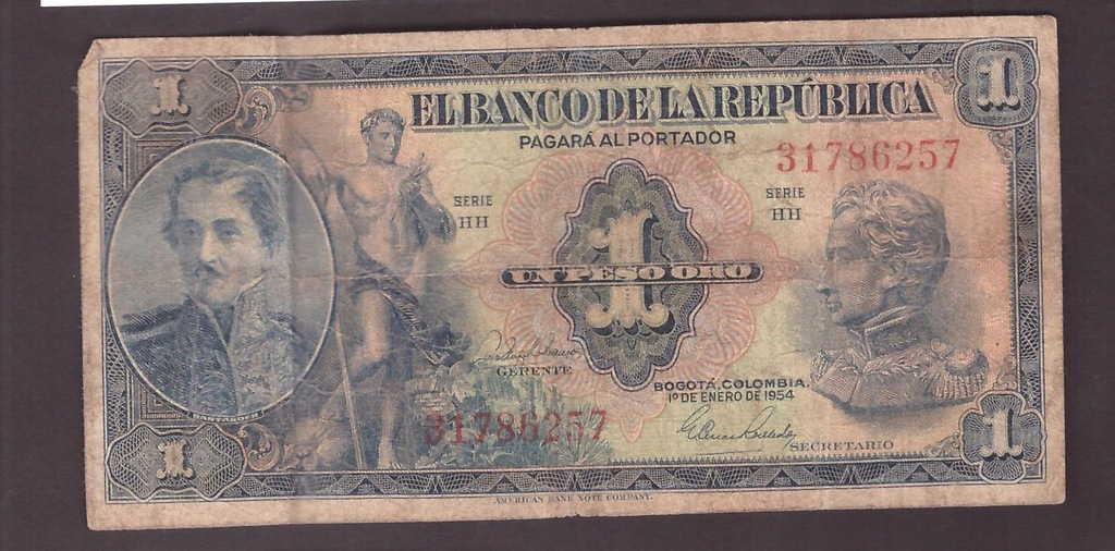 Kolumbia - banknot - 1 Peso 1954 rok