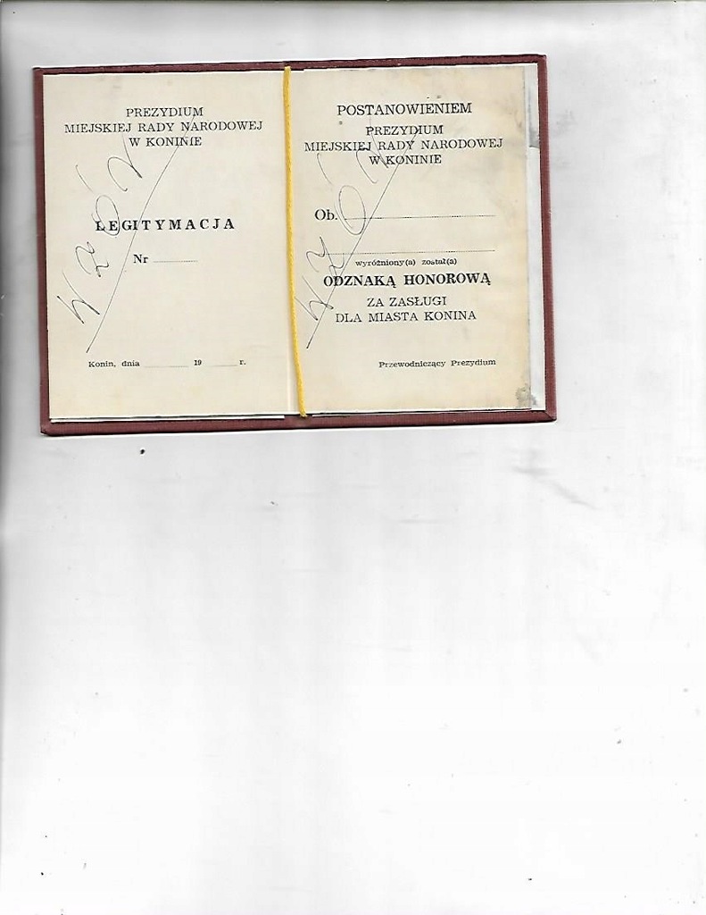 Legitymacja do Odznaki Honorowej miasta Konina wzór