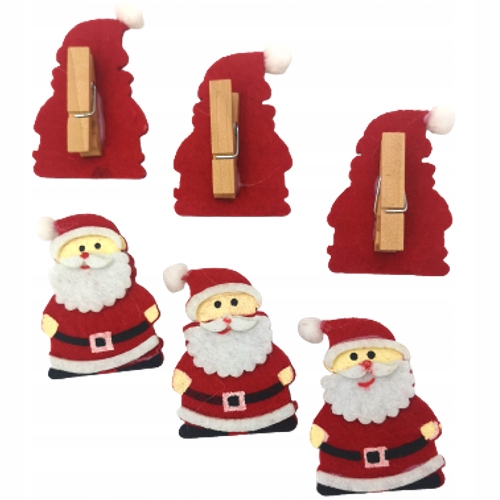 6x Spinacze drewniane Mikołaj Filc Ozdoba Święta