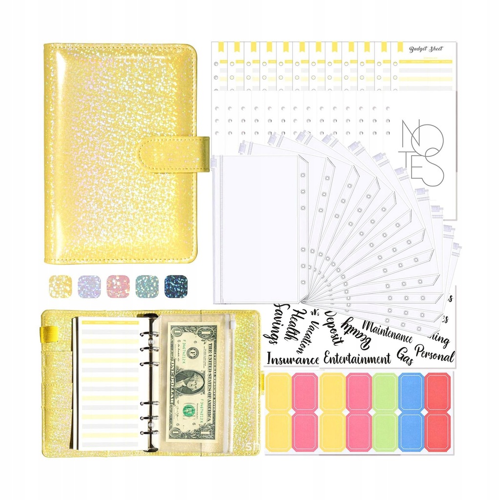 Notebook Binder PVC Binder Envelopes with 12Pcs A6 Binder Pockets A6 yellow