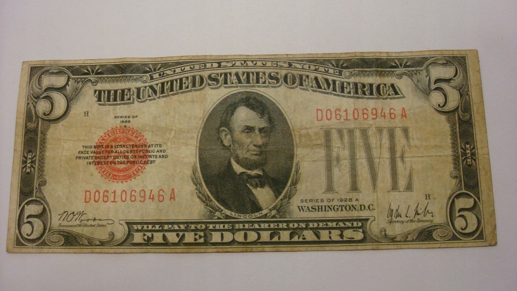 Banknot 5 dolarów 1928 r. - USA - czerwona pieczęć