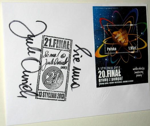 koperta ze znaczkiem WOŚP + autograf Jurka Owsiaka