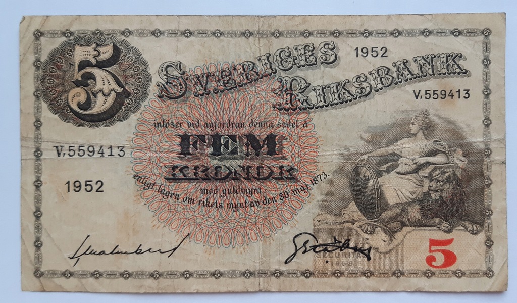 Banknot Szwecja 5 Koron 1952 rok