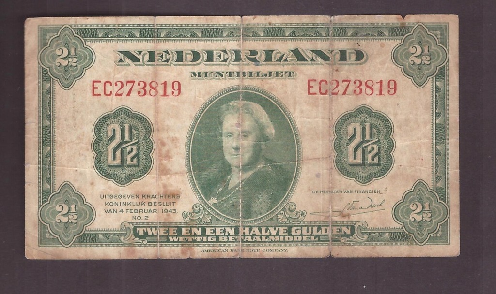 Holandia - banknot - 2-1/2 Gulden 1943 rok