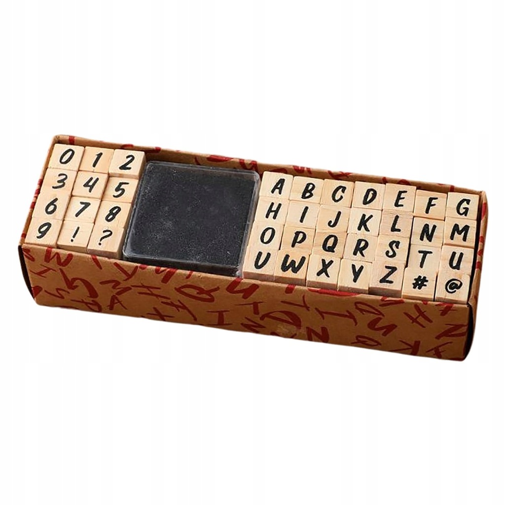 Drewnianyprostokątny znaczek rzemieślniczy, pieczątki,stemple alfabet 40szt